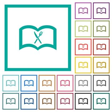 Cookbook with knife and fork flat color icons with quadrant frames Stock Illustration