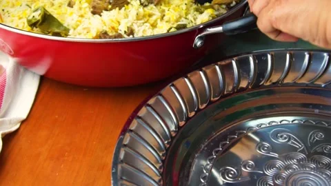 Cooked arab mandi rice in the pan Stock Footage 133620474
