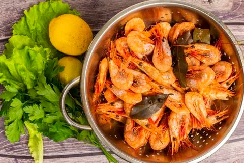 Cooked Atlantic prawns flow around in a stainless steel colander Stock Photos