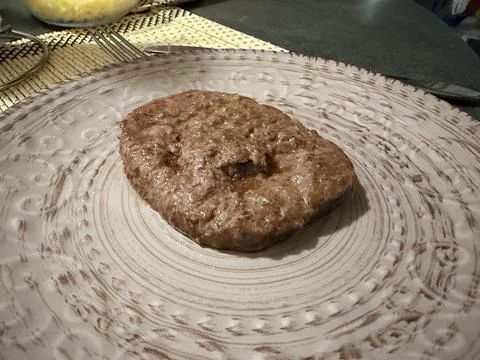 Cooked Beef Patty on Decorative Plate Stock Photos