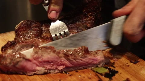 Cooked Beef Steak Medium Rare Cut With A Knife Stock Footage 153606376
