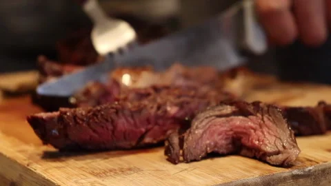 Cooked Beef Steak Medium Rare Cut With A Knife 2 Stock Footage 153606457