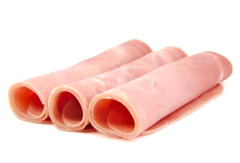 Cooked boiled and rolled ham sausage on white background. Foto stock