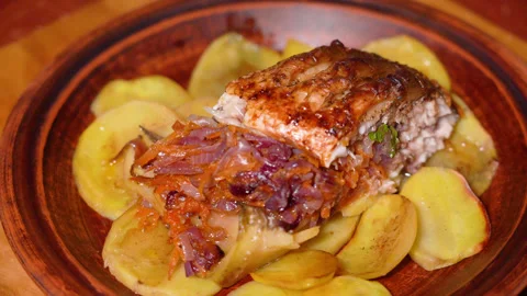 Cooked carp fish with potatoes on a plate Stock Footage 248530113