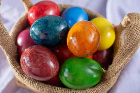Cooked chicken eggs for Ester celebration dinner, colorful painted with organ Stock Photos