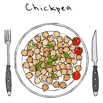 Cooked Chickpeas on a Plate with Lemon, Cherry Tomato, Marjoram, Knife, Fork Stock Illustration
