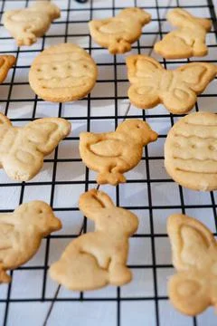 Cooked cookies in the form of Easter symbols cool down on a metal grate for b Stock Photos