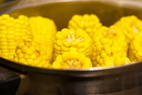 Cooked corn in a pot Stock Photos
