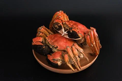 Cooked crabs on plate on black background Stock Photos