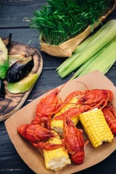 Cooked crayfish with grilled vegetables Stock Photos