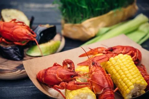 Cooked crayfish with grilled vegetables Stock Photos