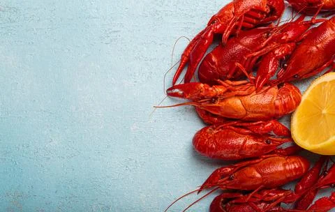 Cooked crayfish lying on blue background with lemon slice top view copy space Foto stock
