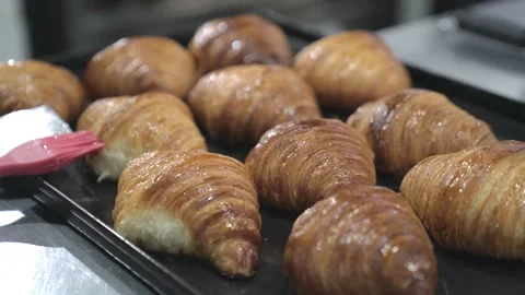 Cooked croissants on a tray Stock Footage 240445379