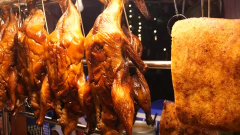 Cooked duck meat and crispy pork Stock Footage 297779603