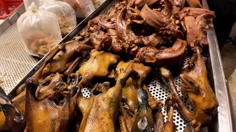 Cooked Ducks Displayed at Thai Street Food Market Stall Stock Footage 340351276
