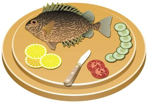 Cooked fish and raw vegetables on a board Stock Illustration
