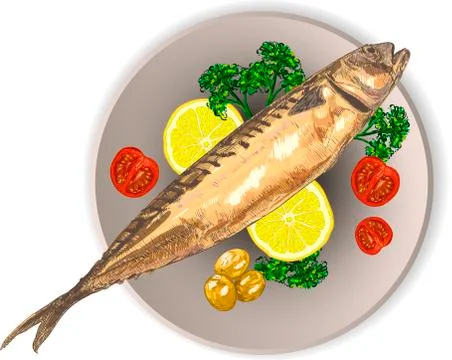 Cooked fish and raw vegetables on a plate vector Illustrazione stock