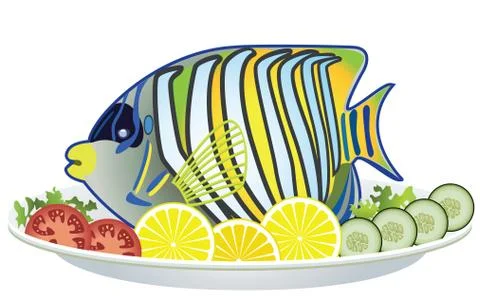 Cooked fish and raw vegetables on a plate Stock Illustration