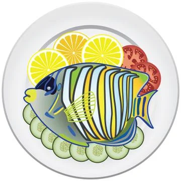Cooked fish and raw vegetables on a plate Stock Illustration