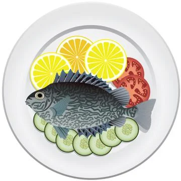 Cooked fish and raw vegetables on a plate Stock Illustration