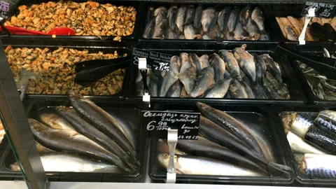 Cooked fish and shellfish lie on showcase. Stock Footage 113736459