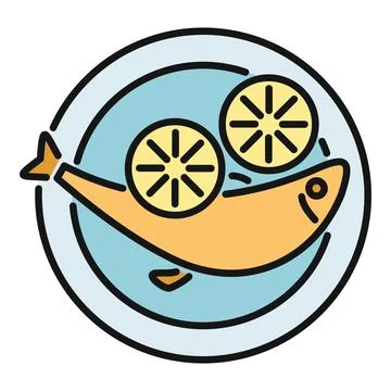 Cooked fish with lemon slices on a plate vector icon Stock Illustration