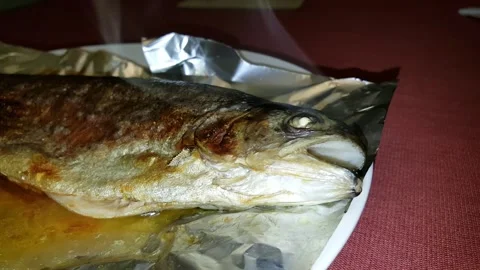 Cooked Fish on Plate, Smoking - Culinary Art, Transformation, Nourishment Ritual Stock Footage 305574645