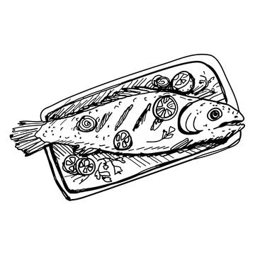 Cooked fish on a rectangular plate - hand drawn vector illustration. Sketch of a Stock Illustration