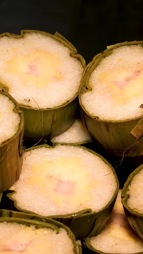 Cooked glutinous rice cake, Vietnamese new year food tet buffet Vietnam New Year Stock Footage 286082078