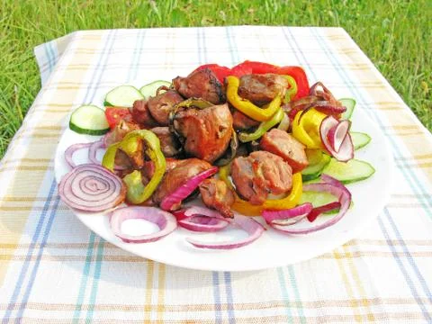 Cooked griiled meat with vegetables Stock Photos