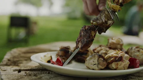Cooked on Grill Pork Meat and Fried Vegetables Stock-Footage 144797239