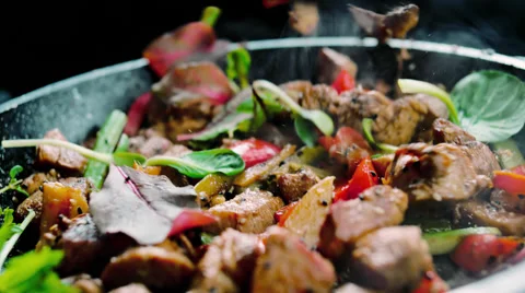 Cooked meat meal with vegetables Stock Footage 58500028