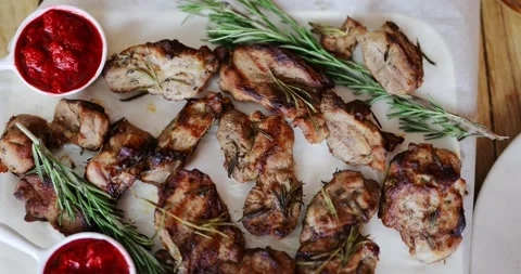 Cooked meat with rosemary and raspberry sauce Stock Footage 146755612
