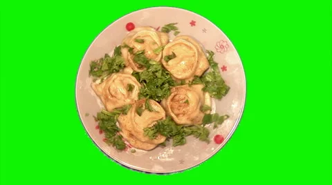 Cooked oriental dumplings on the plate rotating Stock Footage 43184880