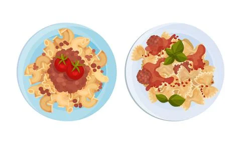 Cooked pasta dishes set. Top view of pasta with beans and meatballs served on Stock Illustration