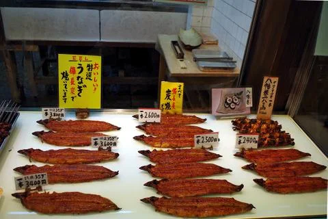 Cooked pike conger hamo eels for sale Nishiki market kyoto japan Stock Photos