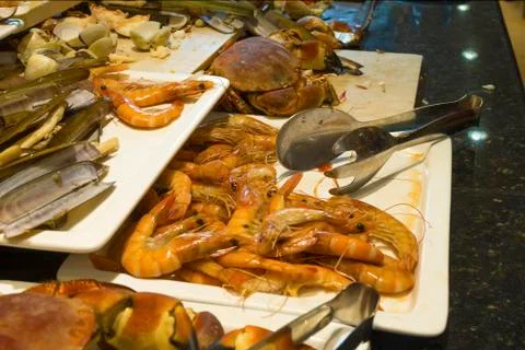Cooked prawns on a tray on a buffet Stock Photos