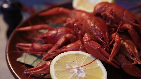 Cooked red crayfish with lemon Stock Footage 85346896