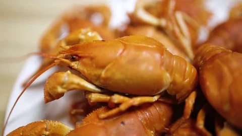 Cooked red crayfish on a wooden table in the fish restaurant of Georgia. Red cra Stock Footage 82529653