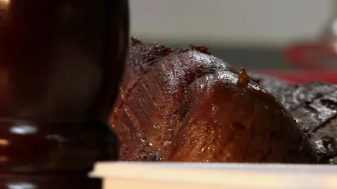 Cooked Red Meat On Kitchen Counter Stock Footage 135764334