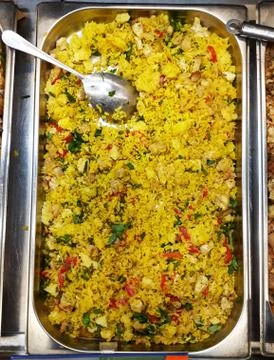 Cooked rice with vegetables in the tray Stock Photos