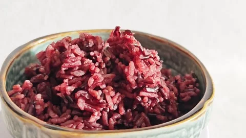 Cooked Riceberry Brown Rice in Ceramic Bowl Closeup. Stock Footage 340077066