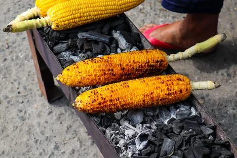 Cooked roasted corn looks really good in cold weather. Stock Photos