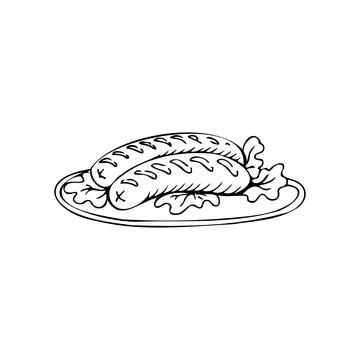 Cooked sausages thin black lines on white background - Vector Stock Illustration