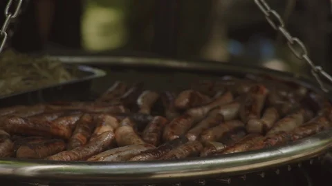 Cooked Sausages on tray - close up Stock Footage 93201822