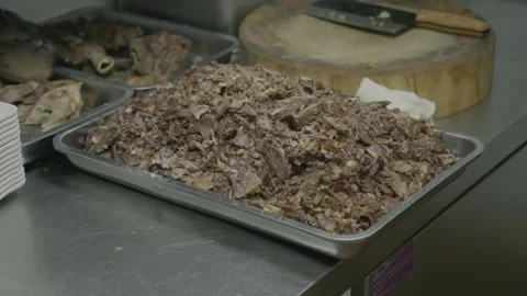 Cooked Shredded Meat on Tray in Commercial Beijing Kitchen for Street Food Stock Footage 345855756