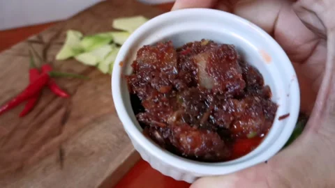 Cooked Shrimp Paste with Green Mango at the Side Stock Footage 231119062