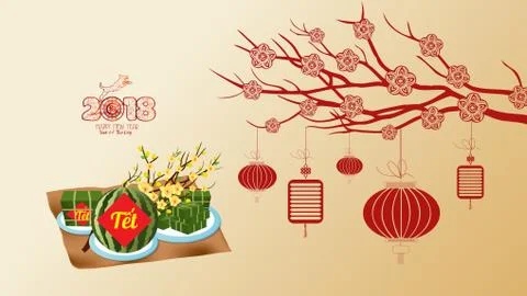 Cooked square glutinous rice cake and blossom, wallpapers. Vietnamese new yea Stock Illustration