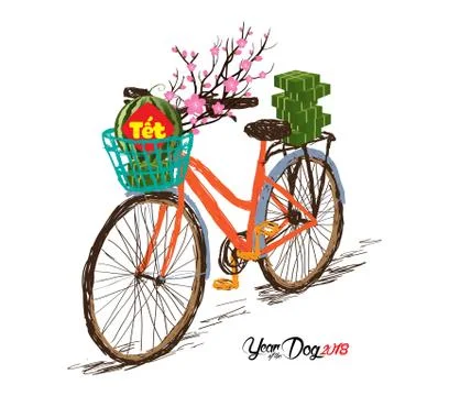 Cooked square glutinous rice cake and blossom, bicycle. Vietnamese new year.  Illustrazione stock