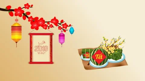Cooked square glutinous rice cake and blossom, wallpapers. Vietnamese new yea 스톡 일러스트